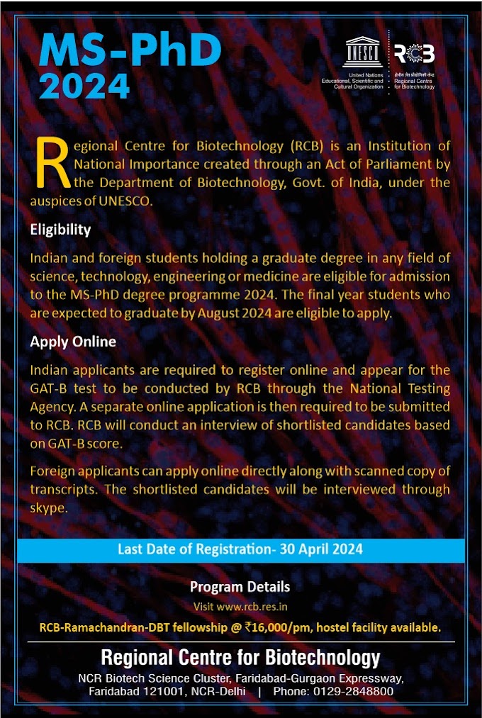 RCB Admissions Open for MS-PhD Programme 2024 