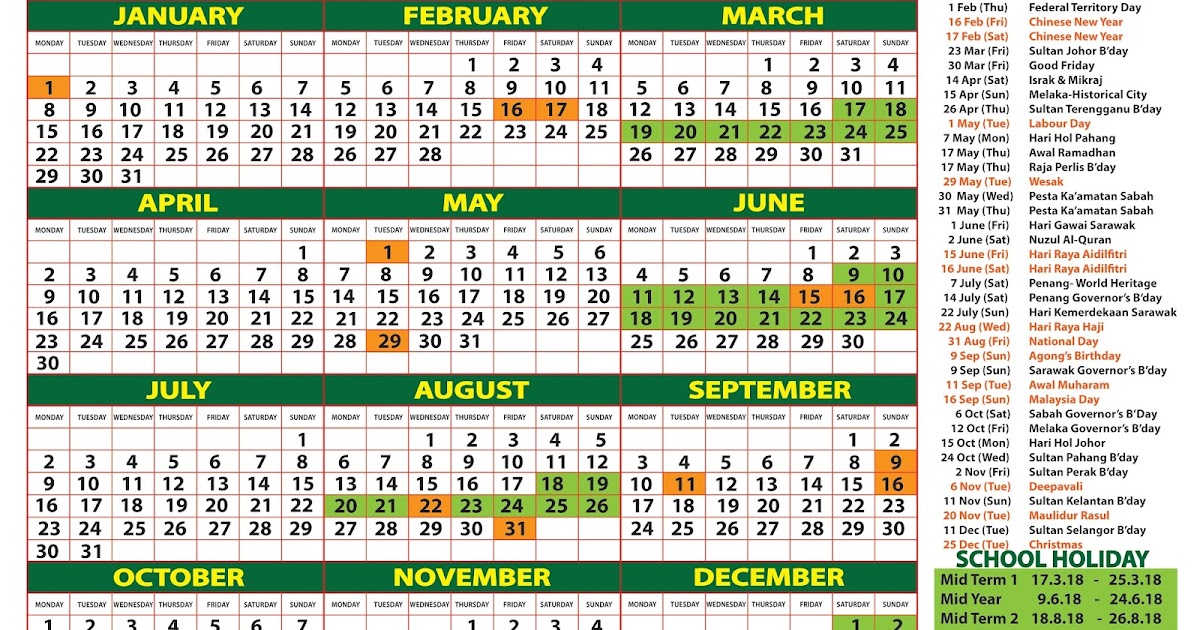 2018 Calendar Malaysia Kalendar 2018