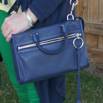 green and blue outfit with navy Rebecca Minkoff Micro Bedford zip satchel in twilight | awayfromblueRebecca Minkoff Micro Bedford zip satchel in twilight