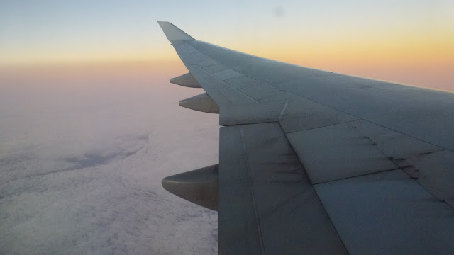 Dawn light across the aircraft's wing