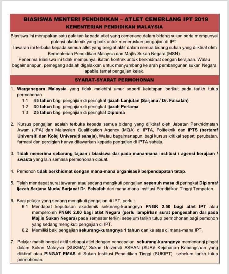 Tawaran Biasiswa Menteri Pendidikan Atlet Cemerlang Ipt Tawaran Biasiswa 2021 2022