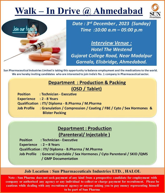 Sun Pharma Walk In Interview For Production and Packing Department