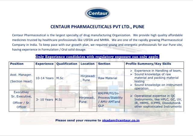 Centaur Pharmaceutical Pune Hiring For Executive/ Sr Executive, Officer/ Sr Officer/ Asst Manager (Section Head)