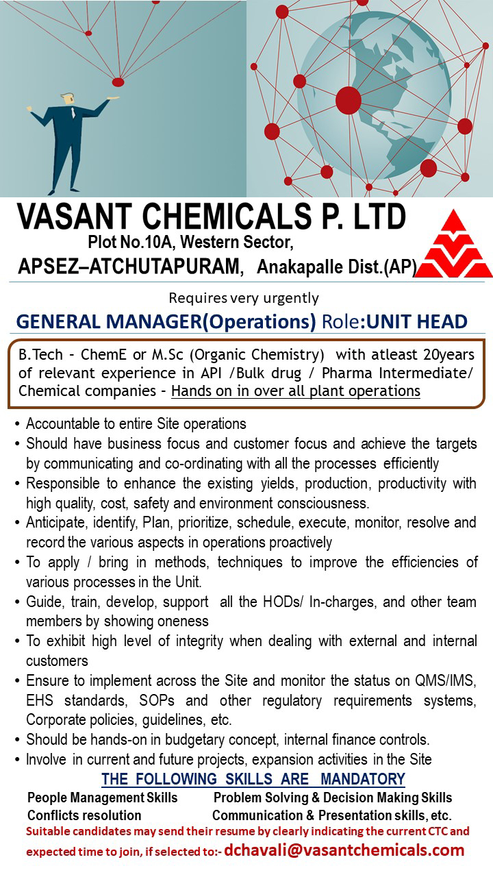 Job Availables for Vasant Chemicals Pvt Ltd Job Vacancy for B Tech Chemical/ MSc Organic Chemistry