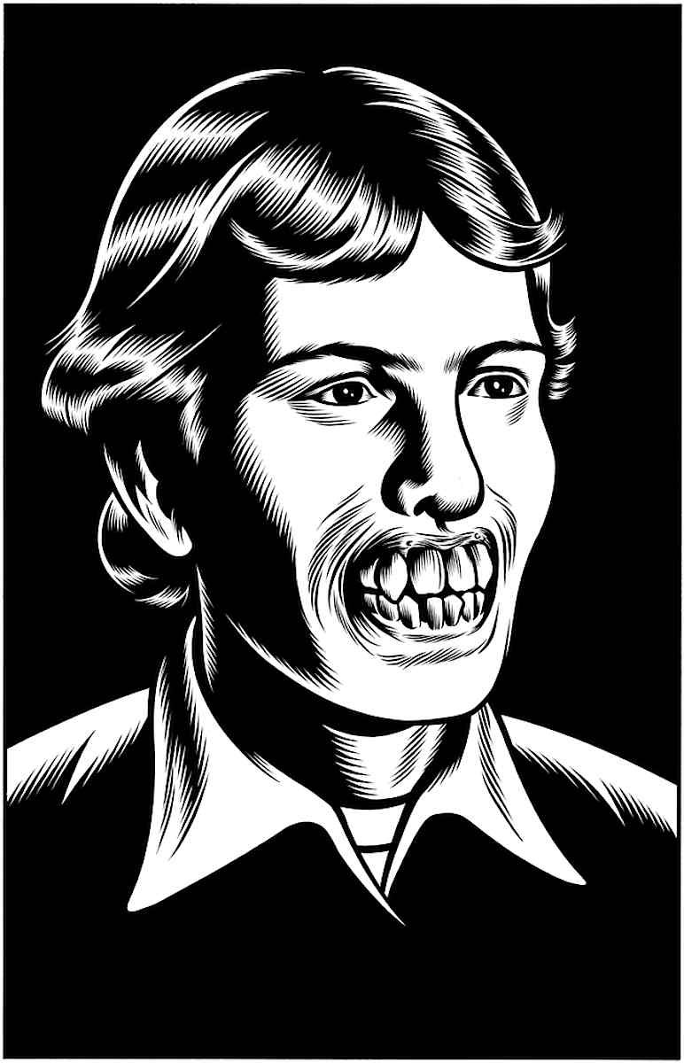 a Charles Burns image of a smiling teenager with ugly teeth