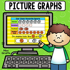 Digital math game for graphing where kids answer questions about the graph by looking at the pictures