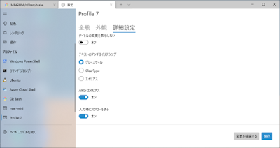 Windows Terminal Profile画面 詳細設定タブ