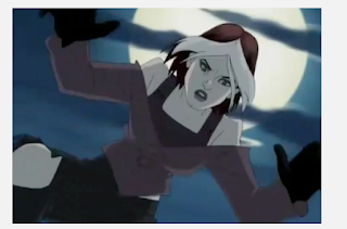 Rogue, a young goth girl with white streaked hair, leaping at someone under the moon light.
