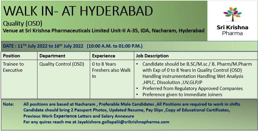 Job Available's for Sri Krishna Pharma Walk-In Interview for Fresher’s & Experienced/ BSc/ MSc/ M Pharm/ B Pharm