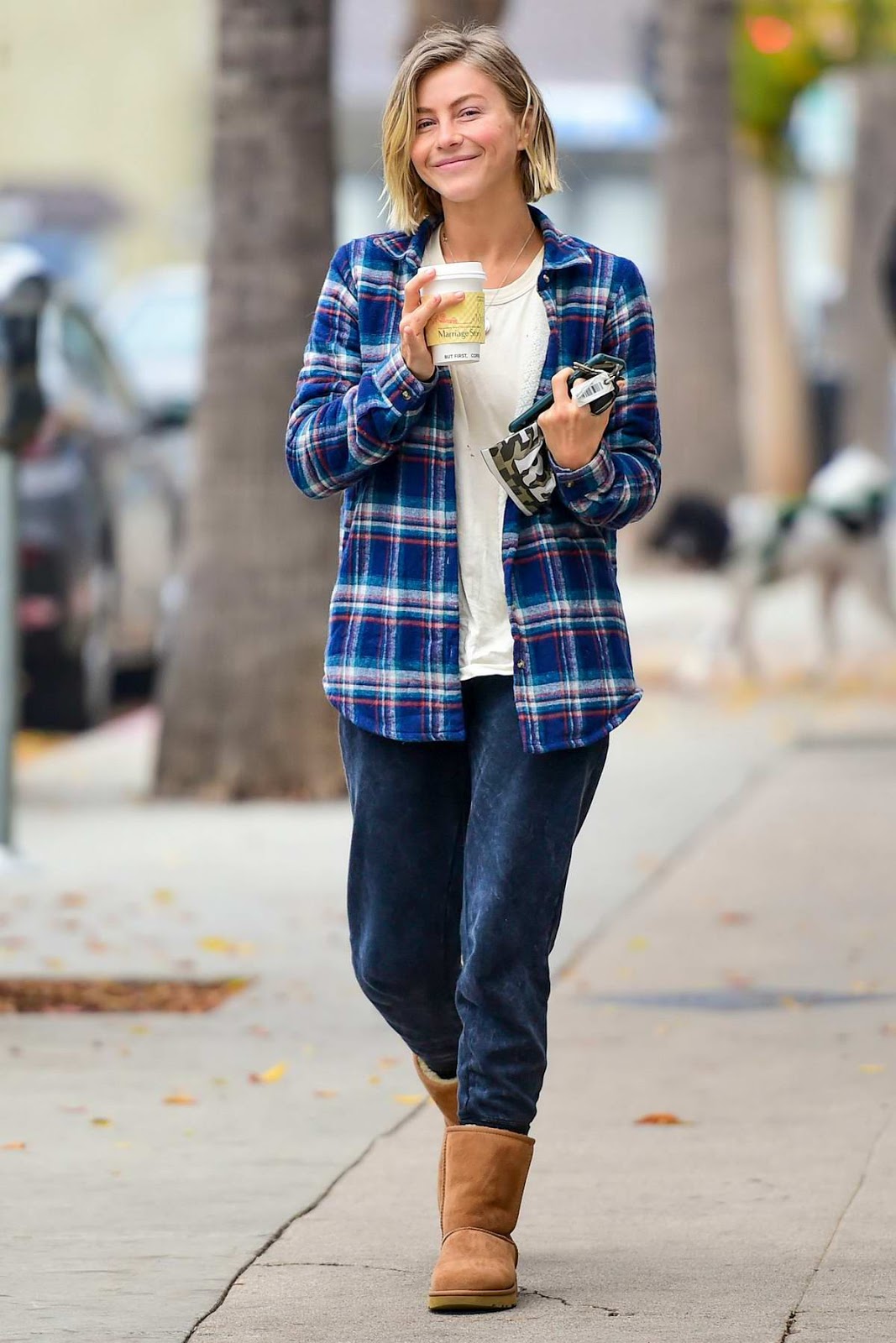 Julianne Hough in a flannel shirt, sweatpants and UGG boots in Studio City, California