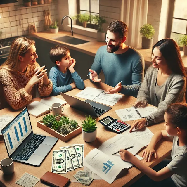 Uma família reunida ao redor de uma mesa de cozinha, usando um laptop e calculadora para discutir e aprender sobre finanças e pagamentos de contas, criando um ambiente educativo e colaborativo.
