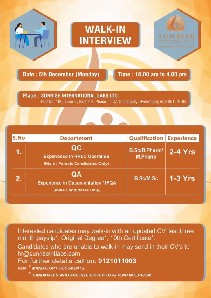 Job Availables, Sunrise International Labs Ltd Hyderabad Walk-in Interview For Quality Control/Quality Assurance