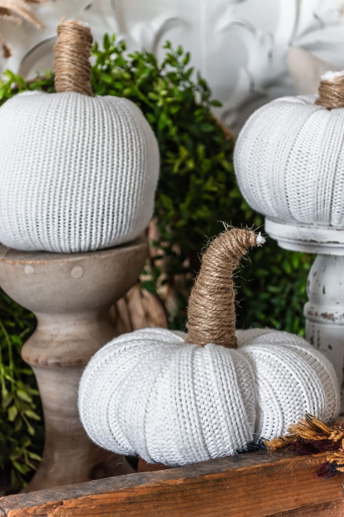 sweater pumpkins with jute wrapped stems