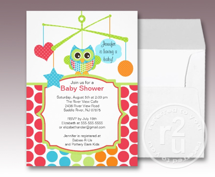 Colorful Owl Mobile Baby Shower Invitations