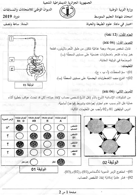 موضوع شهادة التعليم المتوسط مع الحل في العلوم الطبيعية و الحياة دورة جوان 2019 للاستاذ خالد محمودي