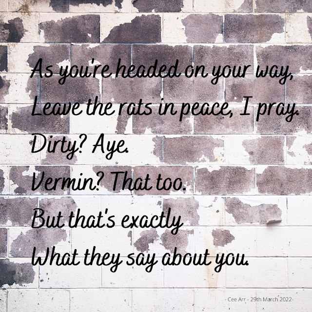 29th March // As you're headed on your way, / Leave the rats in peace, I pray. / Dirty? Aye. / Vermin? That too. / But that's exactly / What they say about you.
