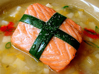 Valentine's Special: Sexy Salmon Belly-Wrapped Salmon on Potato Leek Chowder (you are so going to get some…)