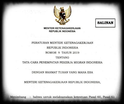 Peraturan Menteri Ketenagakerjaan Republik Indonesia Nomor 9 Tahun 2019 Tentang Tata Cara Penempatan Pekerja Migran Indonesia