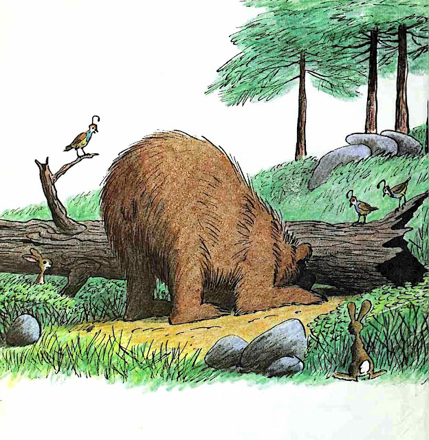 from a Bill Peet children's book, a bear looking under a log