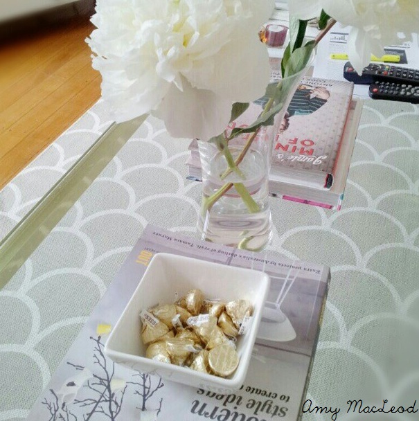 Peonies, white+gold, grey scallop rug - Amy MacLeod - Five Kinds of Happy blog