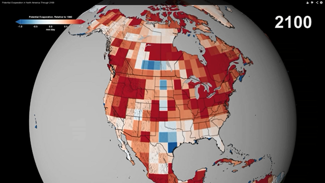 Projected increase in potential evaporation through the year 2100, relative to 1980, based on the combined results of multiple climate models. The maximum increase across North America is about 1 mm/day by 2100. This concept, potential evaporation, is a measure of drying potential or 'fire weather'. An average increase of 1 mm/day over the whole year is a big change, one we can put in specific terms: We consider a 1 mm/day increase in PE to be an 'Extreme' event for fires, something like 2012 in Colorado. By these projections, fire years like 2012 would be the new normal in regions like the western US by the end of the 21st century. Graphic: NASA