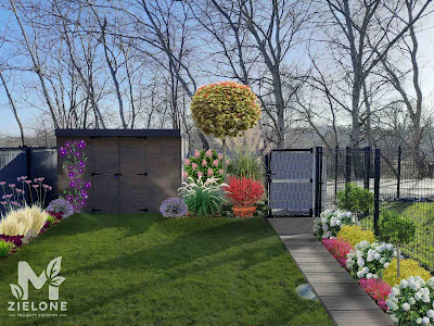 Wizualizacja lato projektu małego ogródka w zabudowie szeregowej