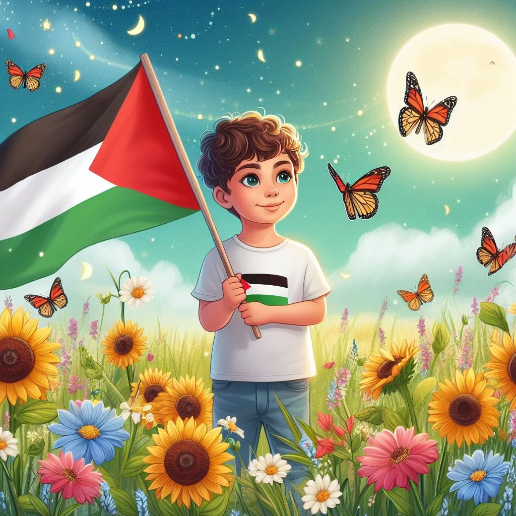 صورة طفل فلسطيني مع العلم كرتون