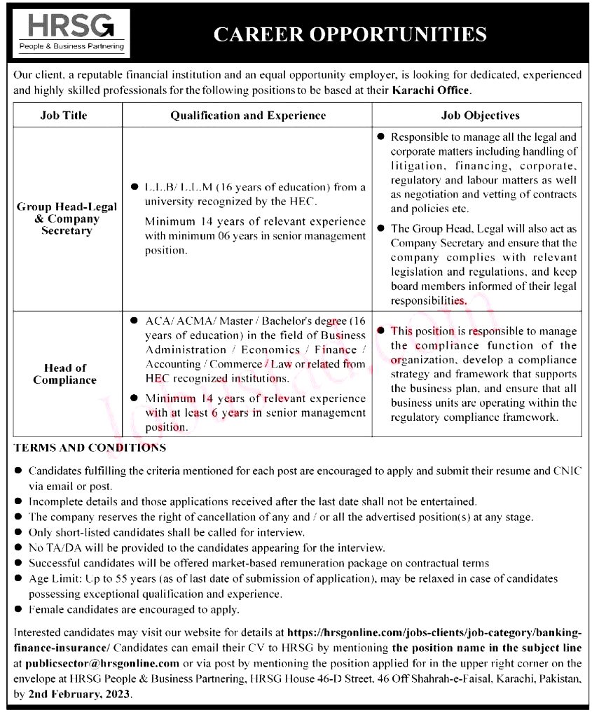 Latest HRSG Jobs in Karachi January 2023 Advertisement