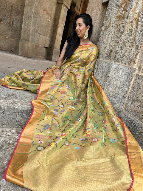 Double tissue kota doria saree gold color with floral jaal