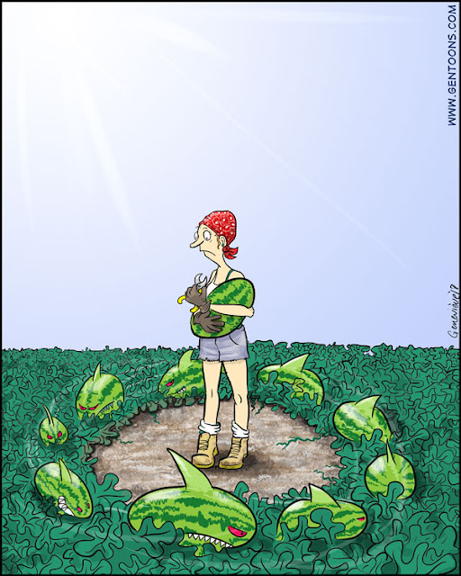 hot summer day out in the fields. a gardener in bluejean cutoffs and a bandannam wearing gloves and holding a clipper, holds a watermelon in her arms, and she looks frightened.  circling around her feet, rustling through the greenery and vines is a school of watermelons with sharklike fins and teeth, and angry red eyes
