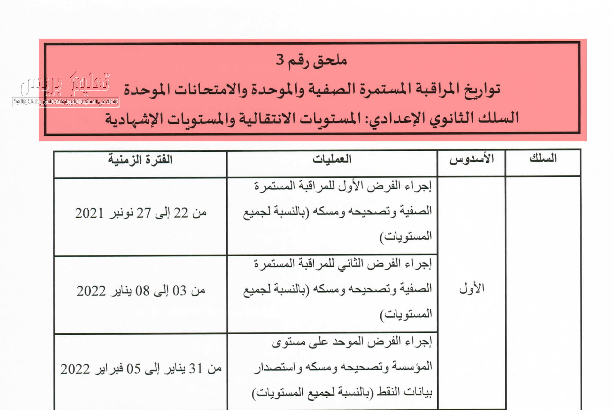 تواريخ المراقبة المستمرة الصفية والموحدة والامتحانات الموحدة بالاعدادي 2021-2022