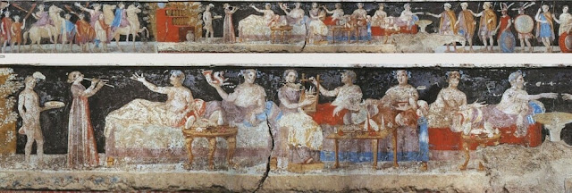 Ολόκληρη η σκηνή του συμποσίου και λεπτομέρεια. Από το βιβλίο του Δημήτρη Πλάντζου, Η τέχνη της ζωγραφικής στον αρχαιοελληνικό κόσμο, Εκδόσεις Καπόν.