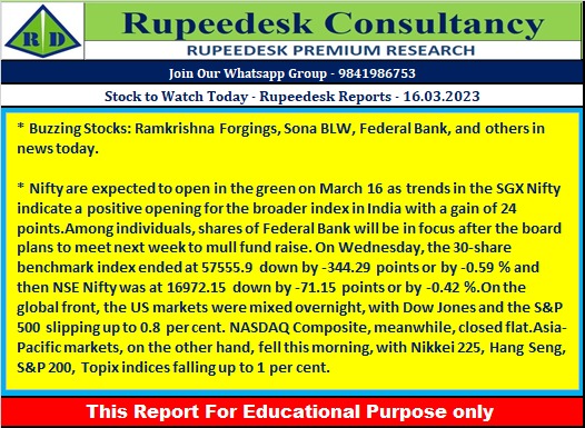 Stock to Watch Today - Rupeedesk Reports - 16.03.2023