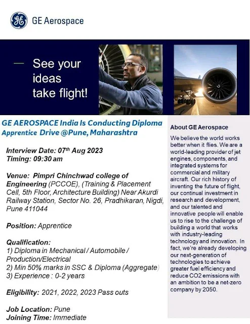Diploma Apprentice Campus Placement Drive at Pune, Maharashtra for GE Aerospace Company