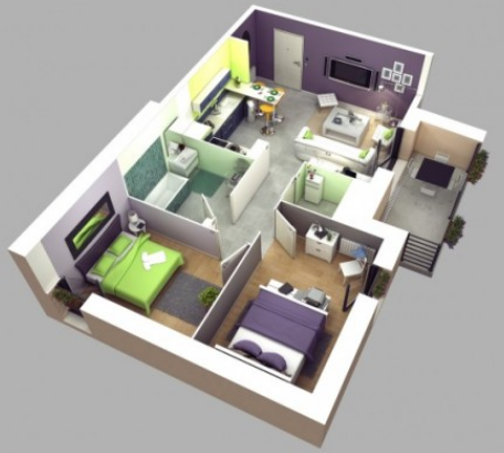 Desain Denah Rumah Minimalis 2 Kamar Terbaru 3D