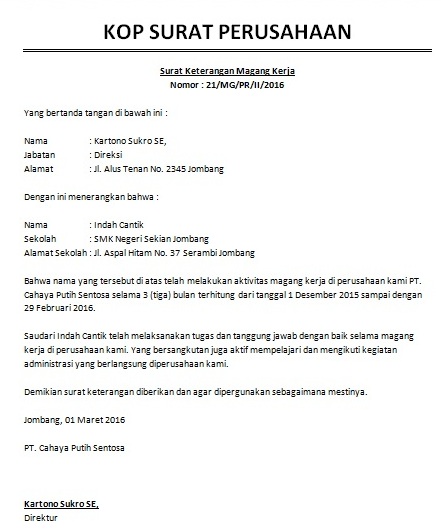 Surat Keterangan Magang Kerja (PKL)