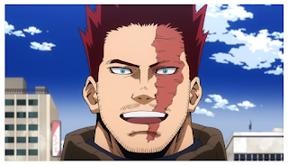 Endeavor standing with a wide grin on his face. The red head hero has a massive scar across the left side of his face. It goes from his hair line, over his left eye and then tapering off near his chin.