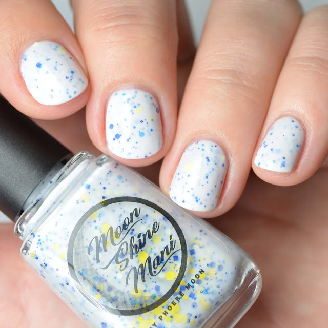 white crelly nail polish with blue and yellow glitter