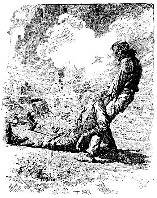 an old Will Crawford illustration of a man dragging an unconscious man away from geological gasses