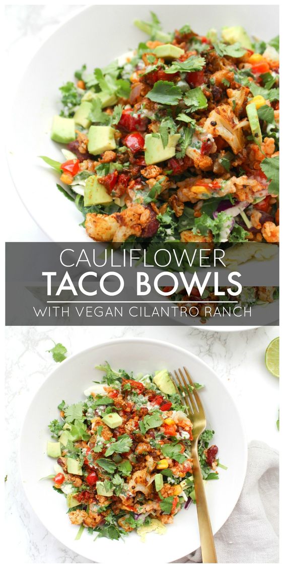 These Cauliflower Taco Bowls with Creamy Vegan Cilantro Ranch are filled with brown rice, bell peppers, onion & beans. A healthy & tasty vegan dinner!
