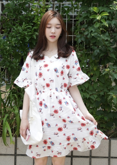  Drawstring Floral Print Dress