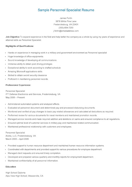 Sample Personnel Specialist Resume