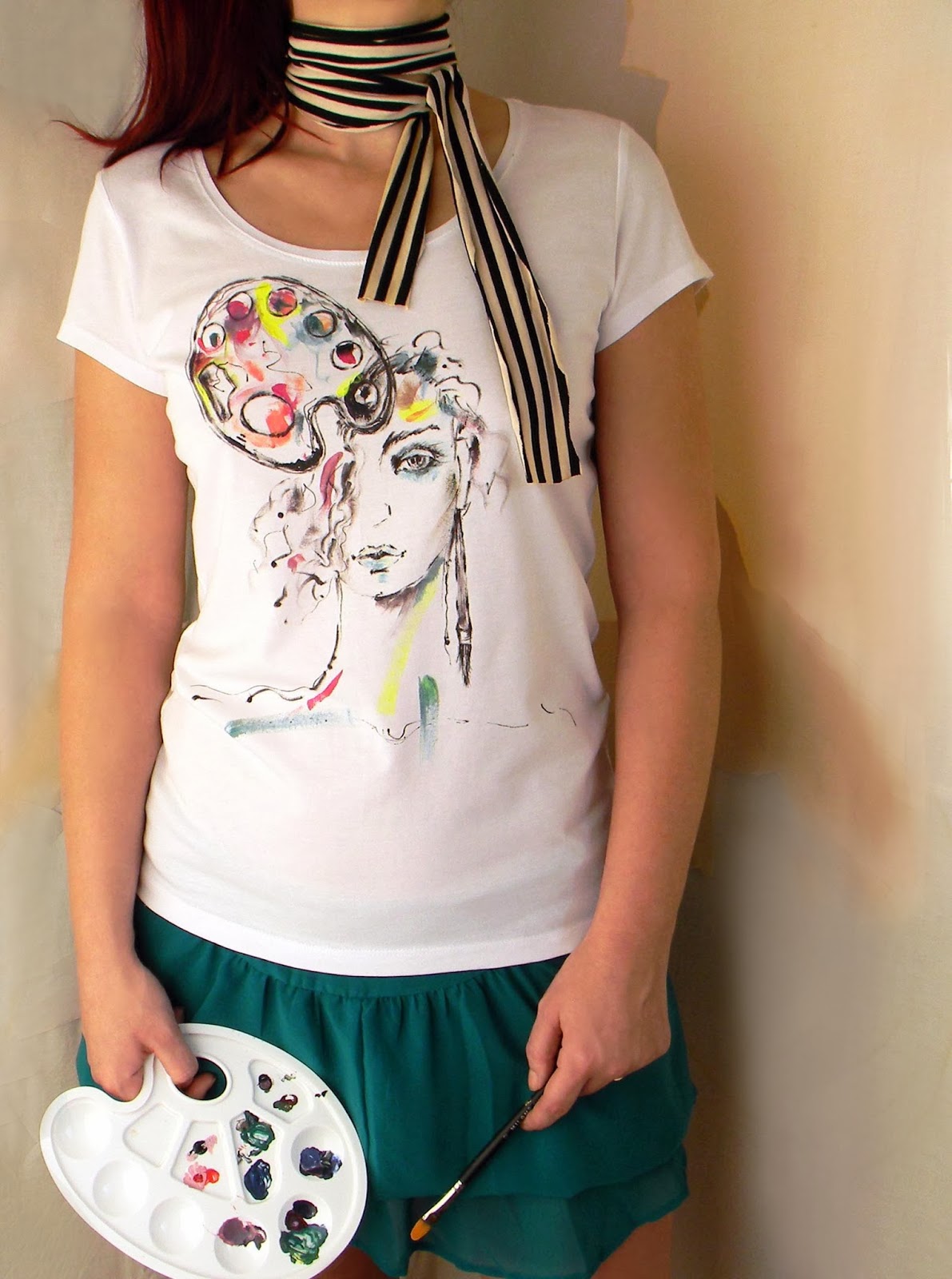 Cotton Knit Tshirt with Hand Painted Fashion Illustration and Fancy Striped Scarf or Belt-L Size