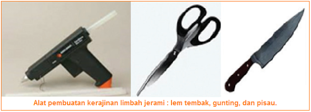 Alat pembuatan kerajinan limbah jerami - lem tembak, gunting, dan pisau.