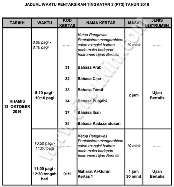 Jadual Waktu PT3 2016 ~ Cikgu Kini