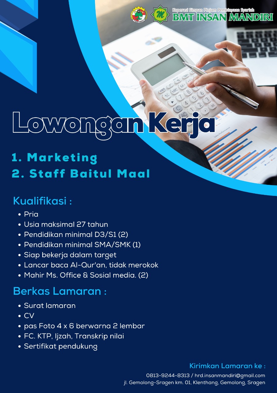 Loker Sragen Marketing dan Staf Baitul Mal di KSPPS BMT Insan Mandiri