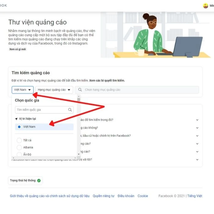 Lựa chọn quốc gia nơi quảng cáo facebook