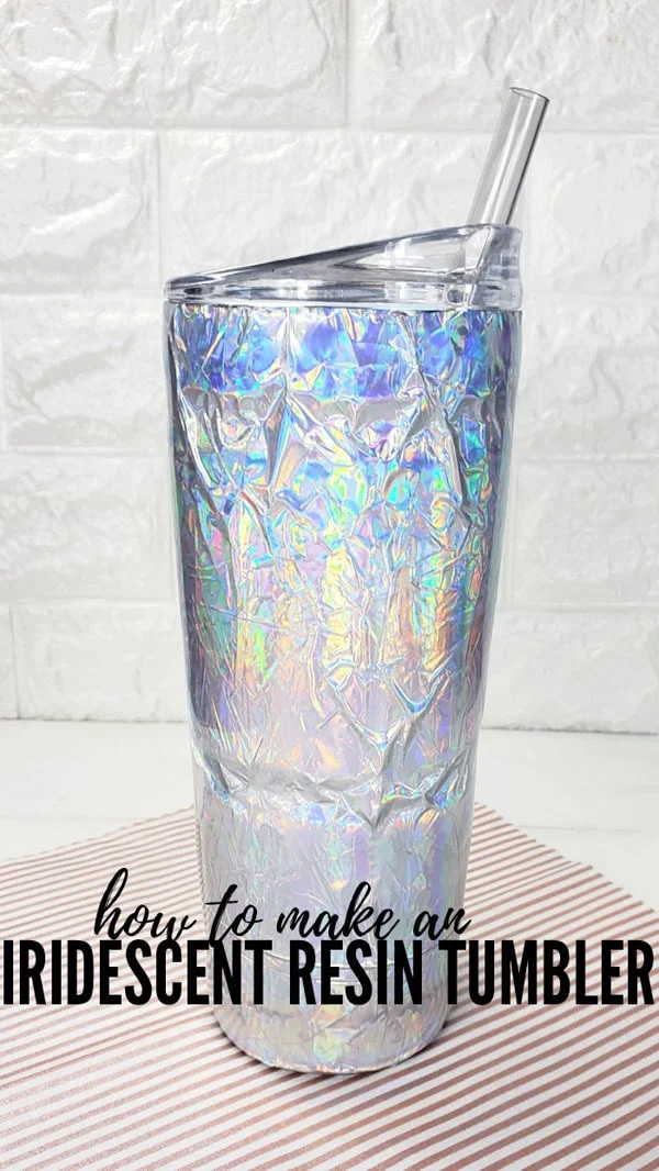 I love seeing the wrinkles, crinkles and bumps in the iridescent finish, but it’s mind blowing how super smooth it is to the touch!     It’s amazing how the EnviroTex Lite high gloss finish makes the tumbler look like it’s coated in sparkly glass!    The perfect juxtaposition!   The put the lid and straw back on the tumbler and it’s ready to use, gift or enjoy!     This iridescent epoxy tumbler will get lots of attention at the beach, pool, office or just on the coffee table as it hydrates you through the day!