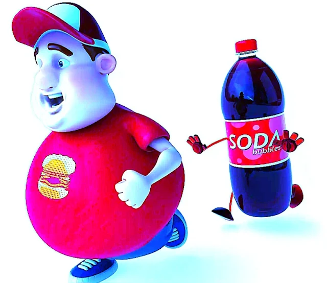 Cartoon of a fat kid and bottle of soda
