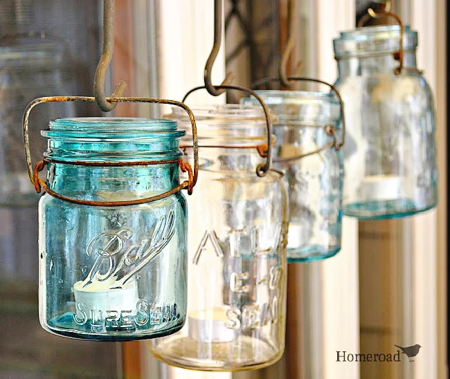 blue and clear mason jars